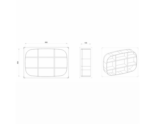 Technický nákres nástennej police s deviatimi priehradkami a zaoblenými rohmi, rozmery 600x400x135 milimetrov.