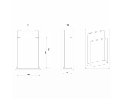 Technický nákres vešiaka na uteráky s rozmermi