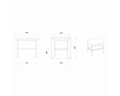 Technický nákres príručného stolíka s rozmermi