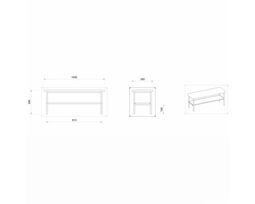 Technický výkres stola s rozmermi 1000 x 350 x 396 milimetrov.