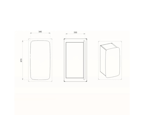 Technický nákres závesnej kúpeľňovej skrinky s rozmermi 340 x 670 x 330 mm.