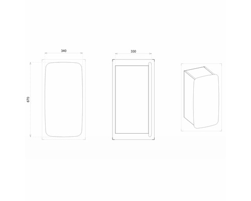 Technický nákres kúpeľňovej skrinky s rozmermi 340 x 670 x 330 milimetrov.