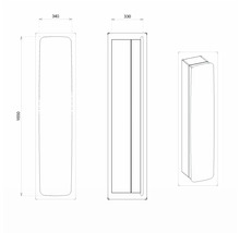 Technický nákres kúpeľňovej skrinky s rozmermi 1650 x 340 x 330 milimetrov.