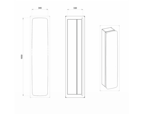 Technický nákres kúpeľňovej skrinky s rozmermi 1650 x 340 x 330 milimetrov.