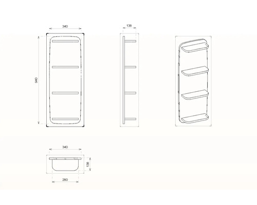 Technický nákres kúpeľňovej police s tromi policami a rozmermi