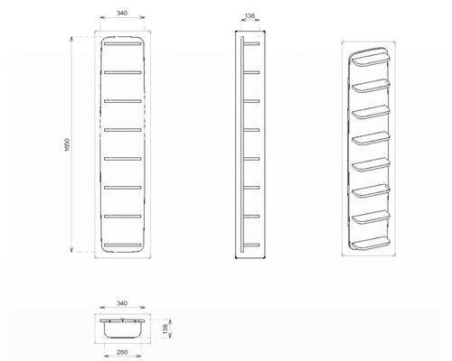 Technický nákres regálu s rozmermi 1650 x 340 x 138 milimetrov.