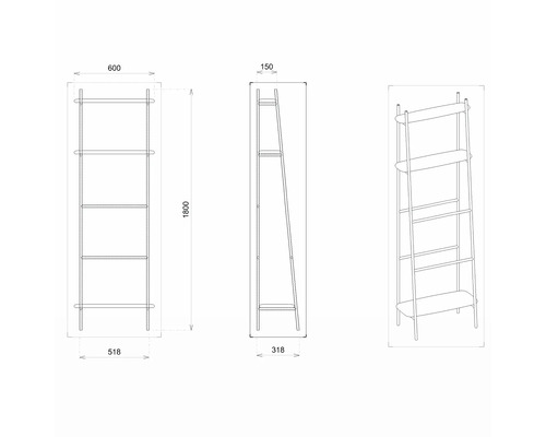 Technický nákres regálu s piatimi policami a rozmermi