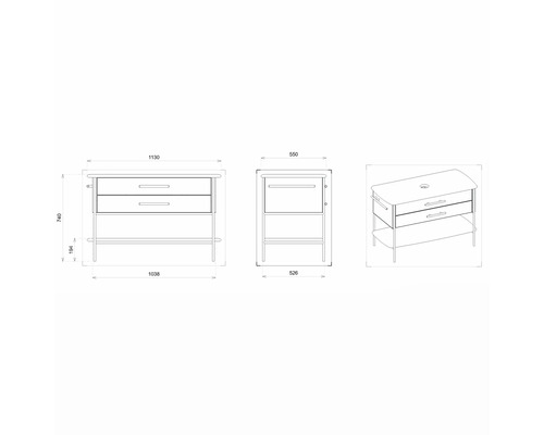 Technický nákres umývadlovej skrinky so zásuvkami a odkladacou plochou s rozmermi