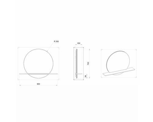 Technický nákres okrúhleho zrkadla s poličkou a rozmermi