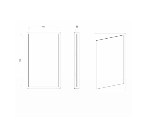 Technický nákres zrkadla s rozmermi 400 x 700 x 30 mm