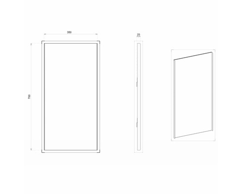 Technický nákres zrkadla s rozmermi 700 x 350 x 25 milimetrov.