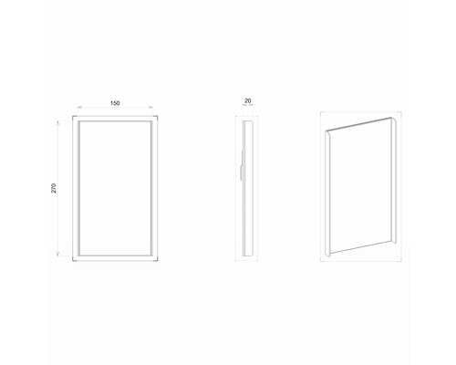 Technický nákres zrkadla s rozmermi 150 x 270 x 20 milimetrov.