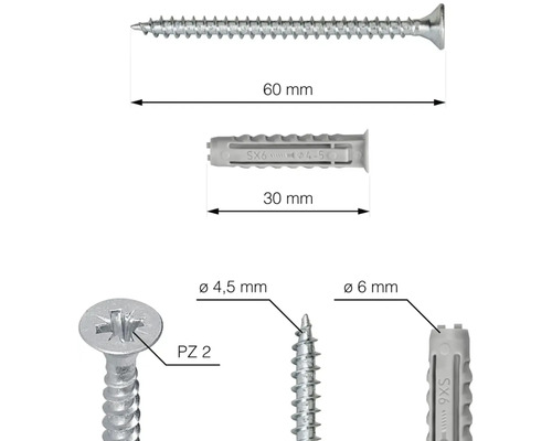 Ilustrácia skrutky s dĺžkou 60 mm, hmoždinky s dĺžkou 30 mm, hlavy skrutky s pohonom PZ2 a detailov skrutky a hmoždinky.