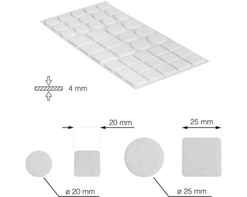 Sada klzákov na nábytok s okrúhlymi a štvorcovými tvarmi, priemer 20 až 25 milimetrov, hrúbka 4 milimetre