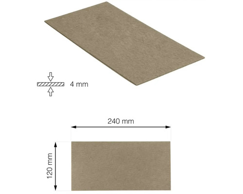 Drevovláknitá doska, hrúbka 4 mm, dĺžka 240 mm a šírka 120 mm