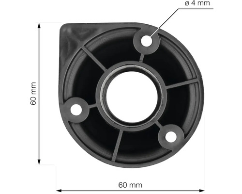 Čierna noha zariadenia s rozmermi 60 x 60 mm a vŕtané otvory s priemerom 4 mm.