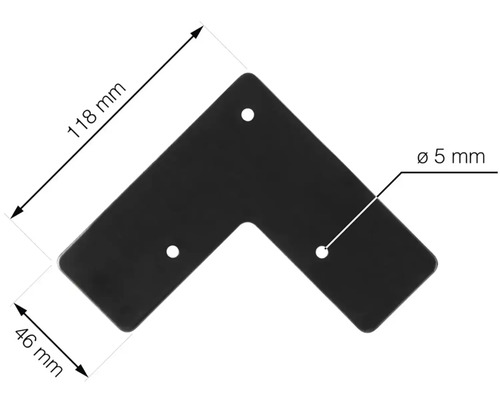 Rohový spojovací prvok s rozmermi 118 mm krát 46 mm a vŕtania s priemerom 5 mm.