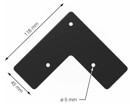 Rohový spojník s rozmermi 118 mm x 45 mm a priemerom otvoru 5 mm