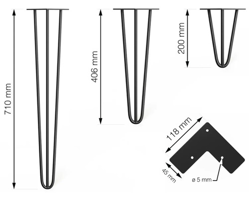 Nohy stola s rozmermi 710 mm, 406 mm a 200 mm a rohový držiak s rozmermi 118 mm x 45 mm