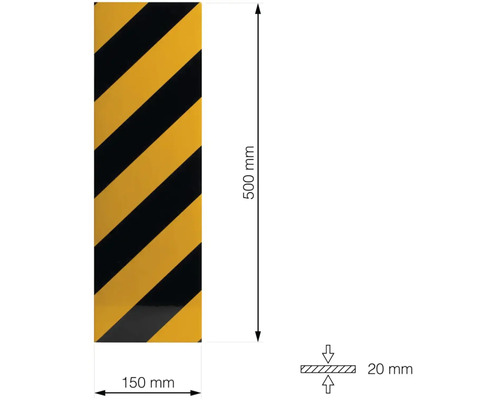 Ochranný profil so žltými a čiernymi pruhmi, rozmery 500 x 150 x 20 milimetrov
