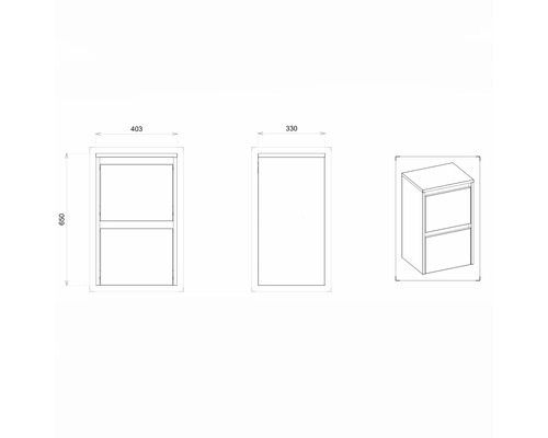 Technický nákres skrinky pod umývadlo s dvoma zásuvkami a rozmermi 403 x 650 x 330 milimetrov.
