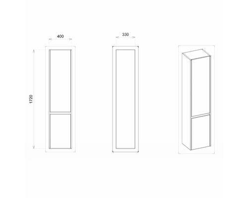 Technický nákres vysokej kúpeľňovej skrinky s rozmermi 1720 x 400 x 330 milimetrov.