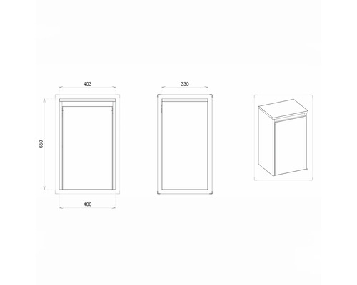 Technický nákres kúpeľňovej skrinky s rozmermi