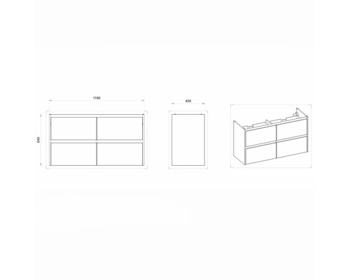 Technický nákres skrinky pod umývadlo s rozmermi 1180 x 640 x 405 mm.