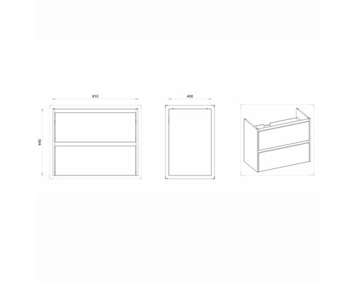 Nákres skrinky pod umývadlo s rozmermi.