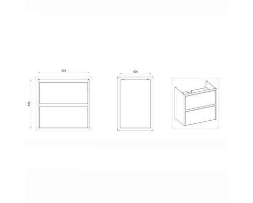 Technický nákres skrinky pod umývadlo s dvomi zásuvkami a rozmermi