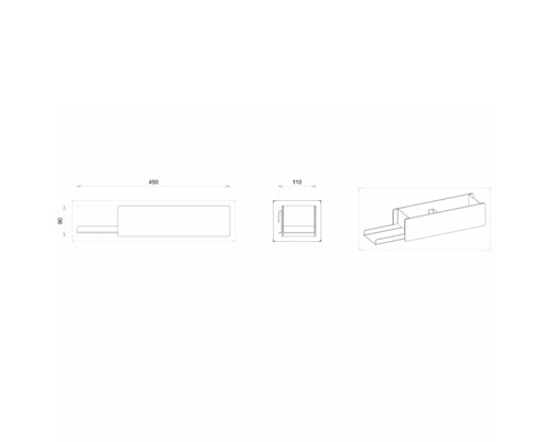 Technický nákres zásuvkového prvku s rozmermi 450 x 110 x 90 mm.