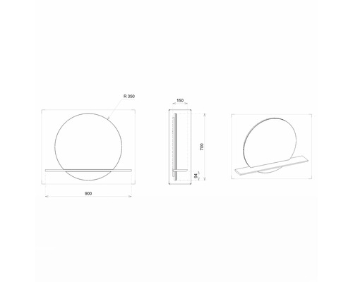 Technický nákres okrúhleho zrkadla s poličkou, rozmery: 900 x 700 x 150 mm.