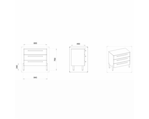 Technický nákres komody s tromi zásuvkami a rozmermi.