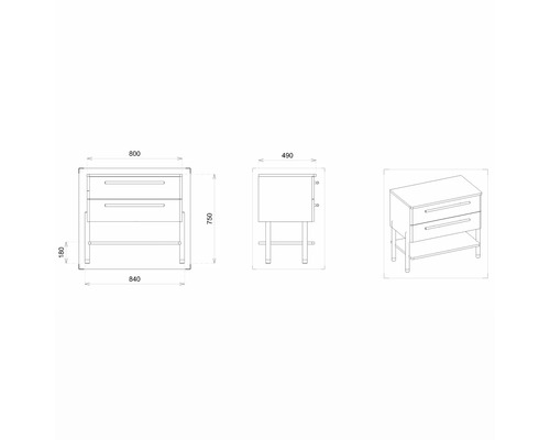 Technický nákres skrinky pod umývadlo s dvoma zásuvkami a odkladacou policou, pohľady spredu, zboku a perspektívne s rozmermi.