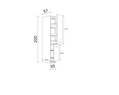 Technický nákres kuchynskej skrinky s rozmermi