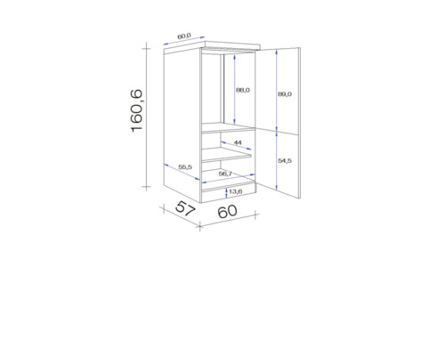Technický výkres otvorenej skrine s rozmermi