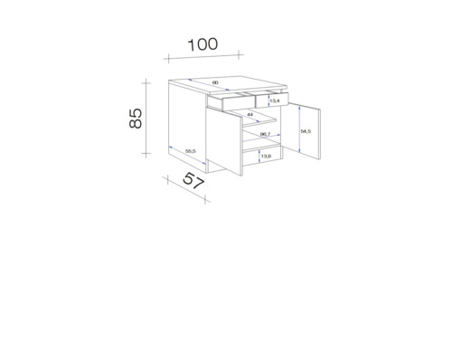 Technický výkres spodnej skrinky so zásuvkami a dvierkami vrátane rozmerov