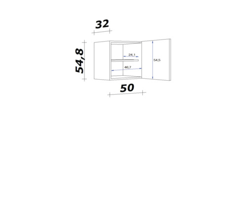 Technický výkres závesnej skrinky s rozmermi