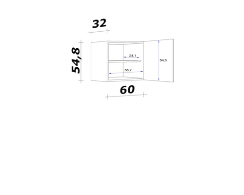Technický nákres závesnej skrinky s rozmermi