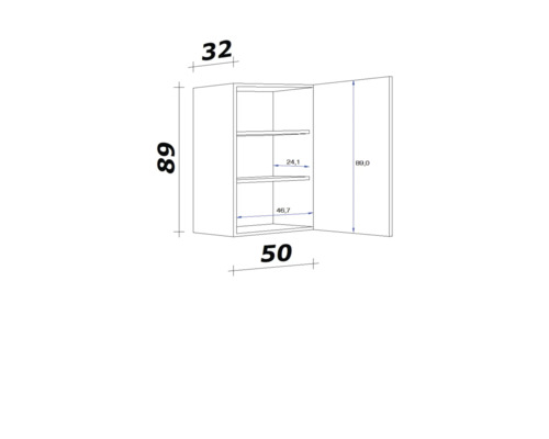 Technický nákres závesnej skrinky s rozmermi