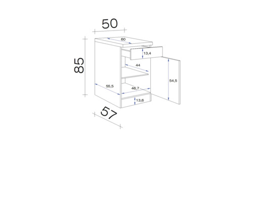 Technický nákres spodnej skrinky so zásuvkou, dvierkami a rozmermi