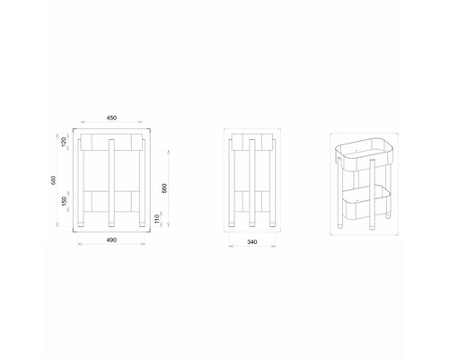 Technický nákres kúpeľňového vozíka s rozmermi