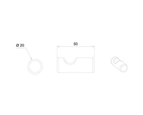 Technický nákres nástenného držiaka s rozmermi priemer 20 mm a dĺžka 50 mm