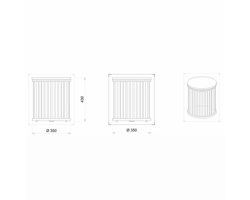 Technický nákres okrúhleho príručného stolíka s rozmermi 350 krát 430 milimetrov.