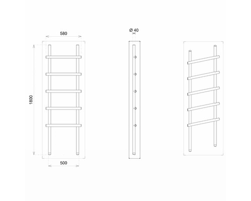 Technický nákres vykurovacieho rebríka s rozmermi