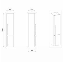 Technický nákres vysokej skrine s rozmermi výška 1640 mm, šírka 350 mm a hĺbka 360 mm.
