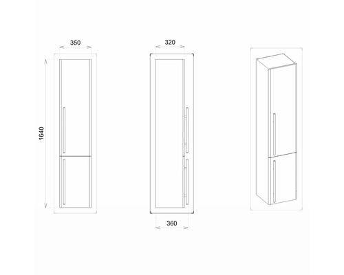 Technický nákres vysokej skrine s rozmermi výška 1640 mm, šírka 350 mm a hĺbka 360 mm.
