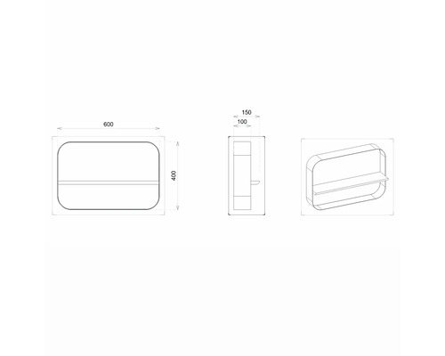 Technický nákres nástennej police s rozmermi