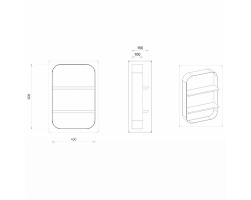 Technický nákres nástennej police s dvoma policami a rozmermi.
