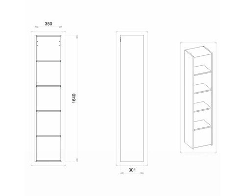 Technický nákres regálu s piatimi priehradkami s rozmermi 1640 x 350 x 301 milimetrov.